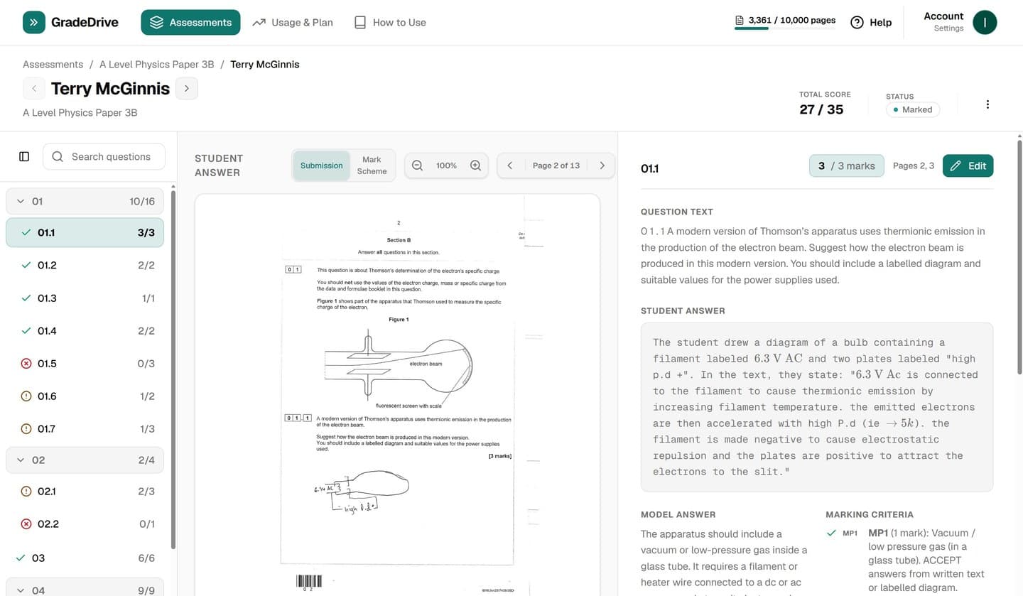 GradeDrive marking an A Level Physics script, the frame the demo opens on